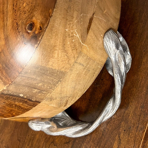 Pier 1 Large 14in Teak Wood Serving Bowl w/Silver Leaf Handles - Picture 8 of 8